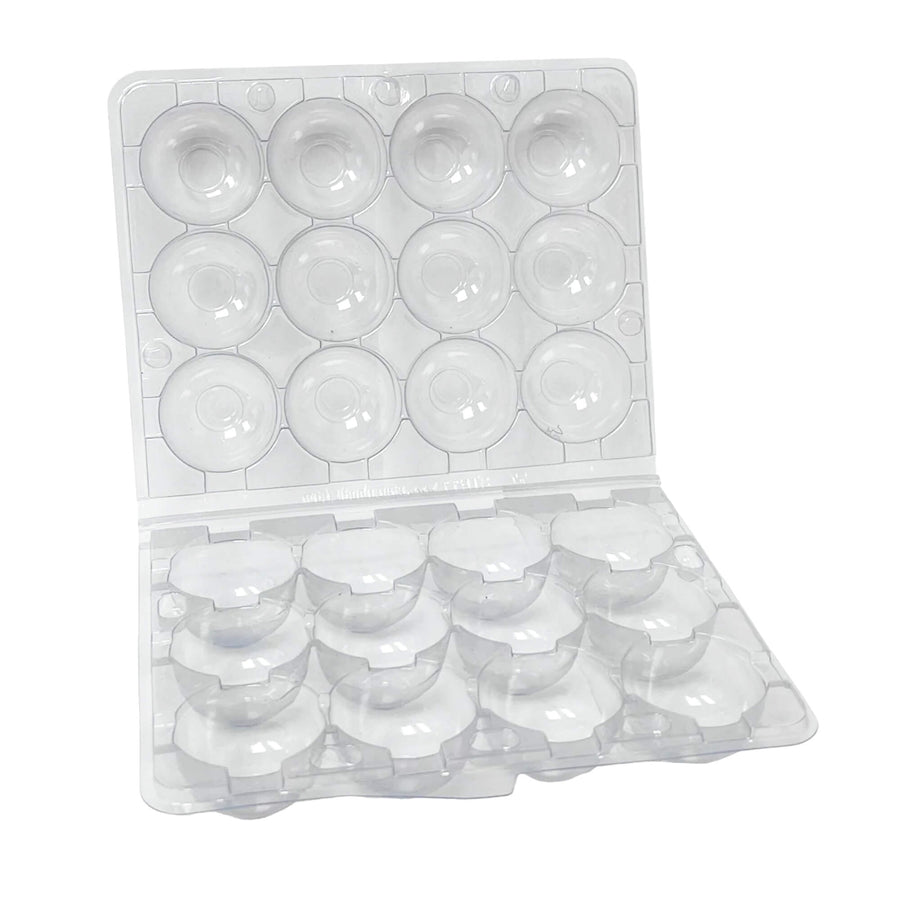 Clear plastic 12-egg carton for quail eggs by Hatching Time, ideal for commercial egg packaging and display.
