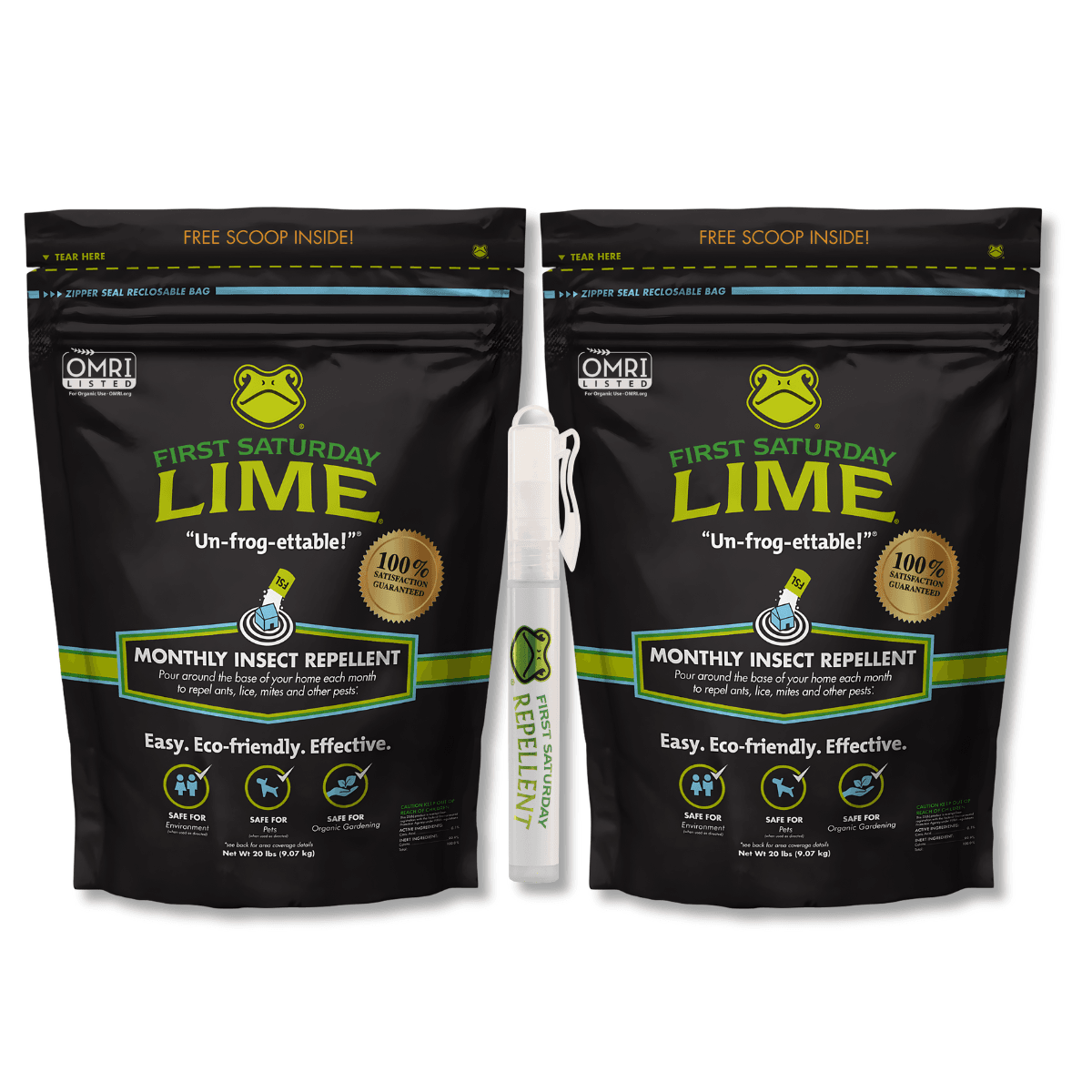 First Saturday Lime bundle: 2 bags of 20lb lime and 10ml eco-friendly insect repellent spray for pest control.