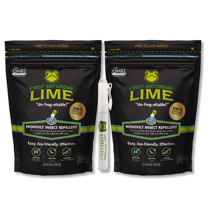 First Saturday Lime bundle: 2 bags of 20lb lime and 10ml eco-friendly insect repellent spray for pest control.