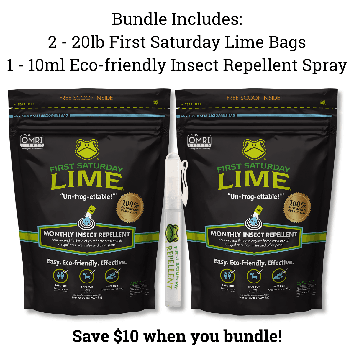 Bundle of 2 First Saturday Lime 20lb bags and 1 10ml eco-friendly insect repellent spray.
