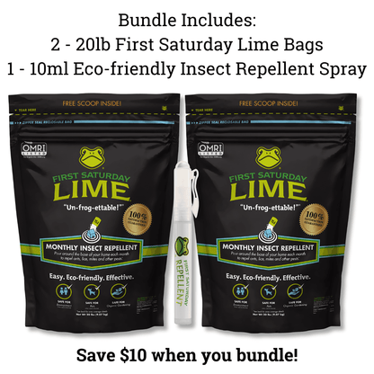 Bundle of 2 First Saturday Lime 20lb bags and 1 10ml eco-friendly insect repellent spray.