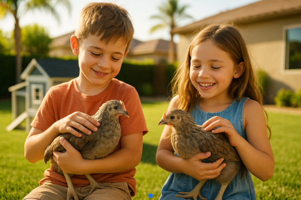 Two children holding baby chickens outdoors in a grassy area.