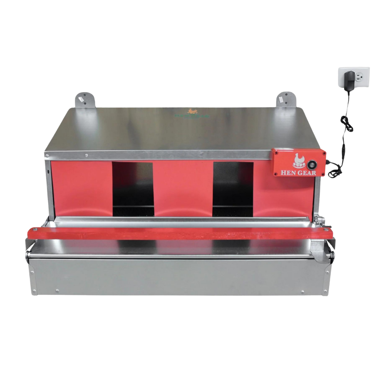 Metal automatic nest box opener in red and silver by HenGear with three access openings and power cord.