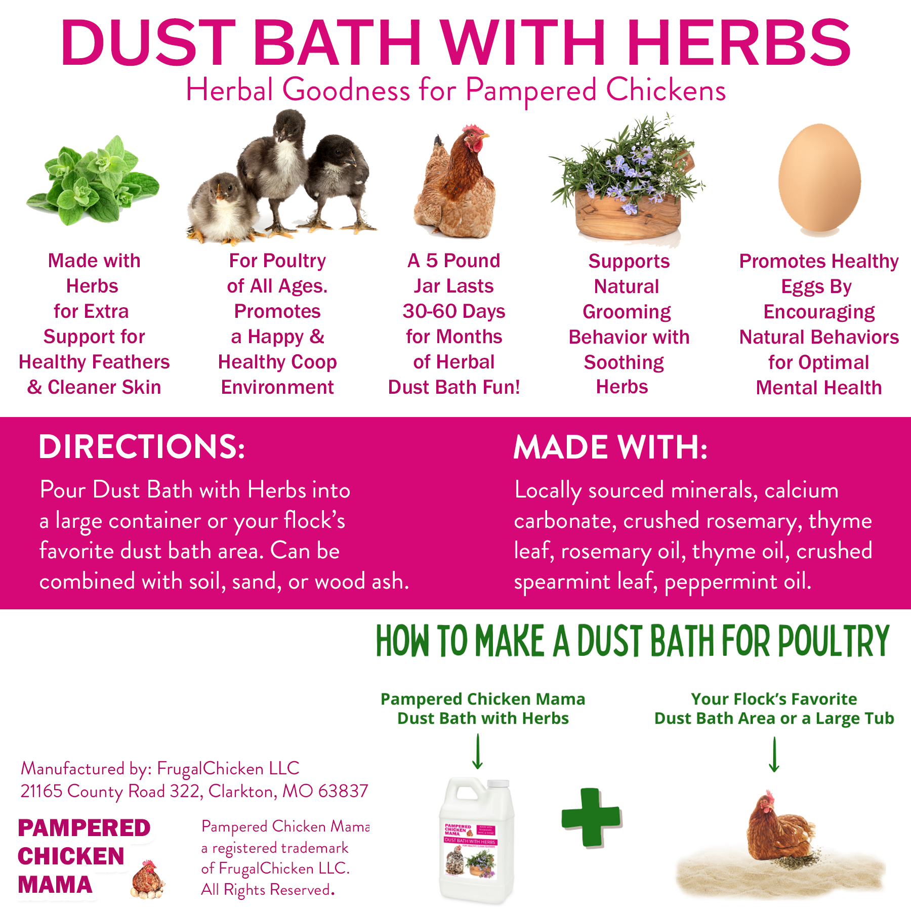 Natural Chicken Dust Bath with Herbs & DE, 5lb bag for mite prevention, by Dahlia Pets, promotes chicken hygiene.