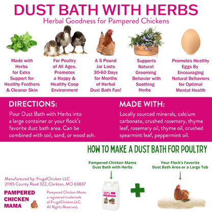 Natural Chicken Dust Bath with Herbs & DE, 5lb bag for mite prevention, by Dahlia Pets, promotes chicken hygiene.