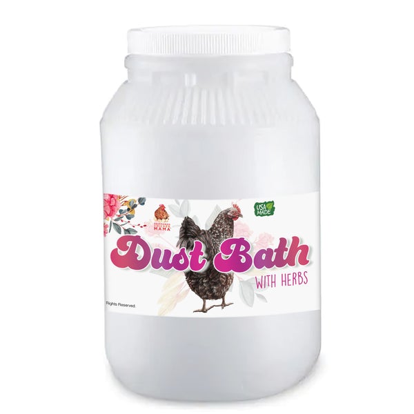White container of herbal dust bath for chickens, labeled "Dust Bath with Herbs" by Dahlia Pets.