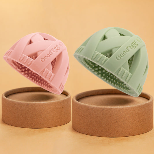 GoodEggStuff Flock Momma 2 Pack dual-size egg brushes in bright colors, dishwasher-safe for efficient chicken egg cleaning