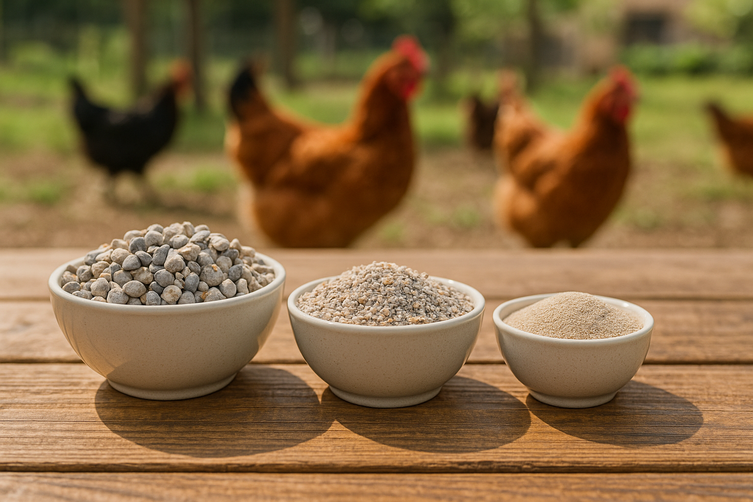 3 small dishes with tiny pebbles of various sizes, no bigger than a pencil eraser (the largest bowl of pebbles) with the bowl of the smallest pebbles just bigger than sand particles and the middle bowl with an in between size. These bowls should be on a small table with adult chickens in the background with the intention on selling/displaying the pebbles for sale to the viewer. 