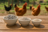 3 small dishes with tiny pebbles of various sizes, no bigger than a pencil eraser (the largest bowl of pebbles) with the bowl of the smallest pebbles just bigger than sand particles and the middle bowl with an in between size. These bowls should be on a small table with adult chickens in the background with the intention on selling/displaying the pebbles for sale to the viewer. 