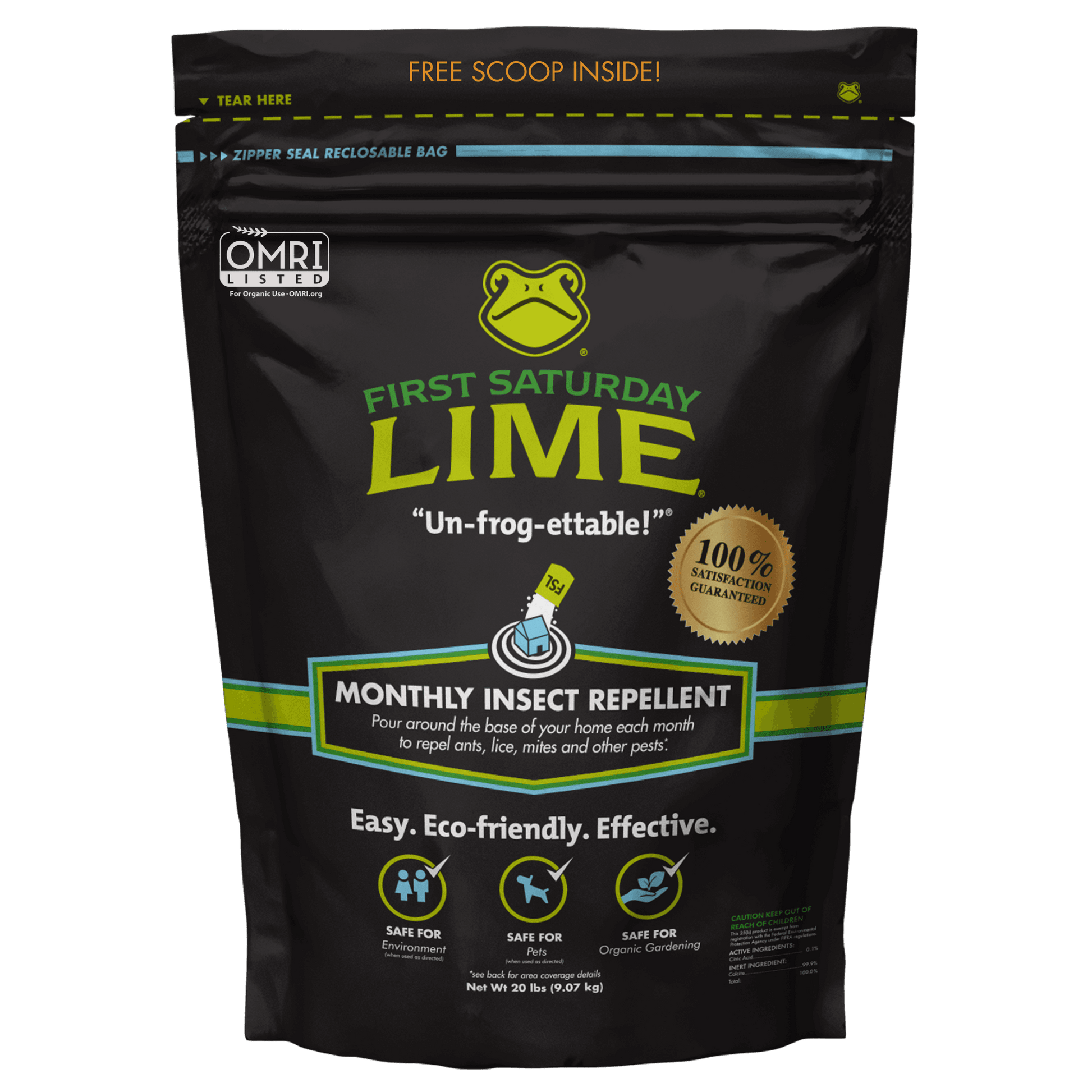 First Saturday Lime Safe Natural Insect Repellent in 20-pound and 5-pound bags, eco-friendly and chemical-free.