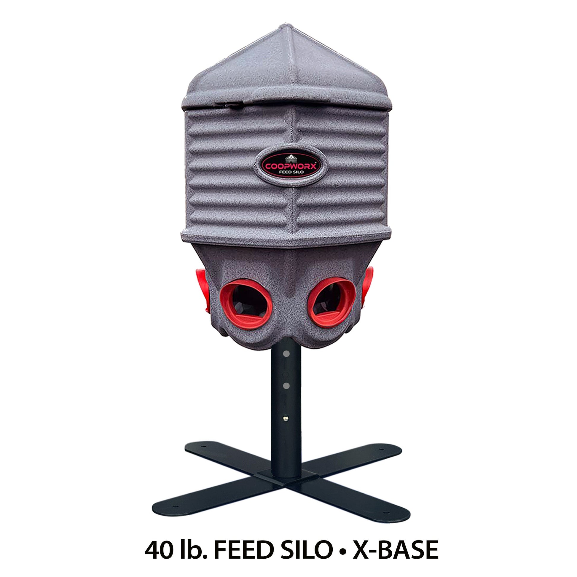 CoopWorx 40 lb aluminum feed silo with X-Base mount system for chicken coop.