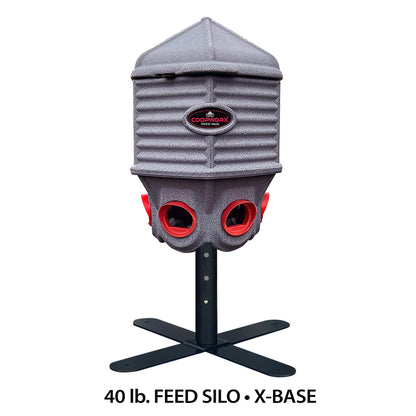 CoopWorx 40 lb aluminum feed silo with X-Base mount system for chicken coop.
