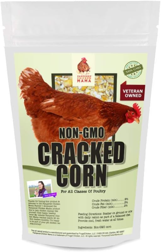 Non-GMO cracked corn for pet chickens, 5 pounds, featuring a brown hen graphic, sustainably grown in Missouri.