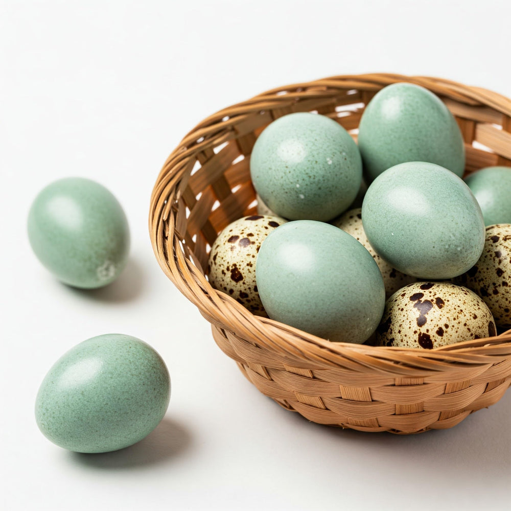 Celadon Coturnix quail hatching eggs in a wicker basket, featuring blue shells and high fertility.