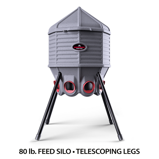CoopWorx 80 lb. adjustable-height chicken feed silo with four legs, ideal for backyard chickens