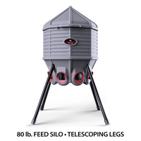 CoopWorx 80 lb. adjustable-height chicken feed silo with four legs, ideal for backyard chickens