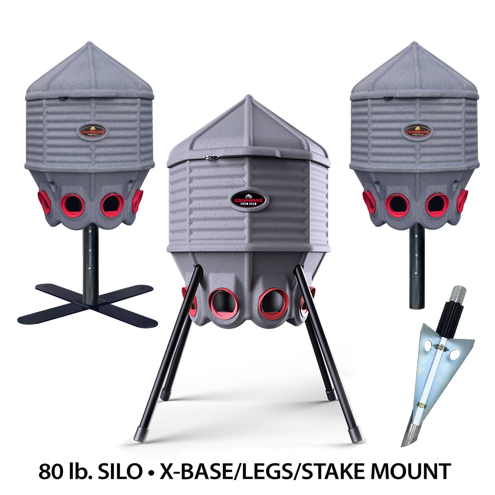 80 lb CoopWorx Feed Silo with adjustable height for automatic chicken feeding, featuring four adjustable legs.