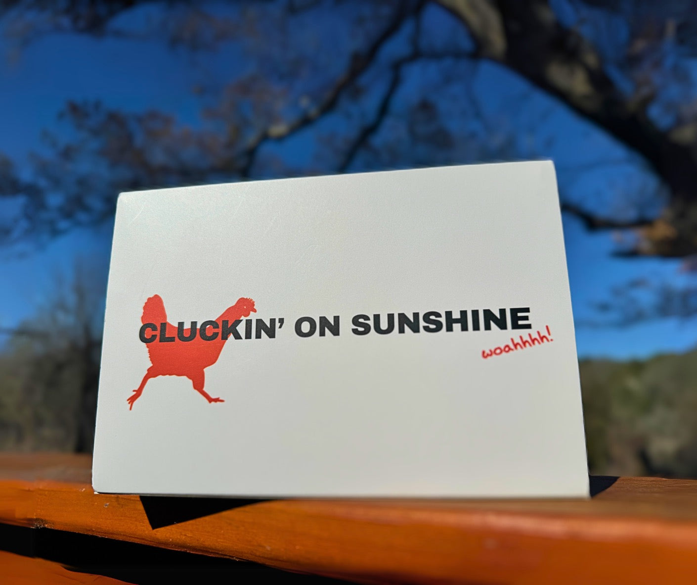 White sign with red chicken graphic and 'CLUCKIN’ ON SUNSHINE' text by The Smart Coop