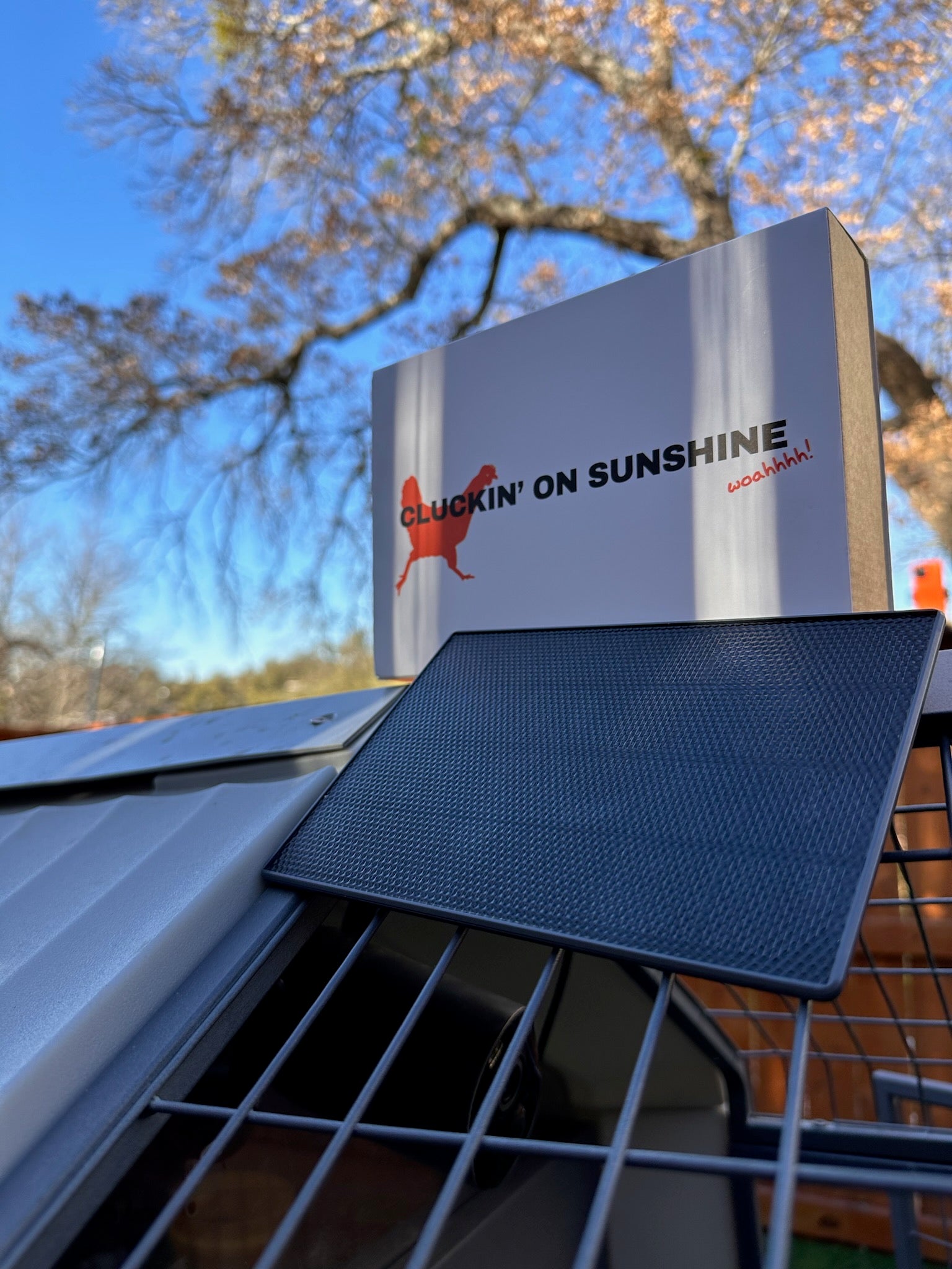 Compact black solar panel for powering The Smart Coop's chicken coop camera, set against a Cluckin' on Sunshine box.