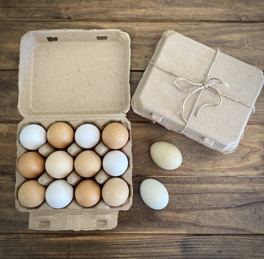 Tan and white vintage cardboard egg cartons in a 3x4 design, available in packs of 25, 65, and 200 from My Pet Chicken