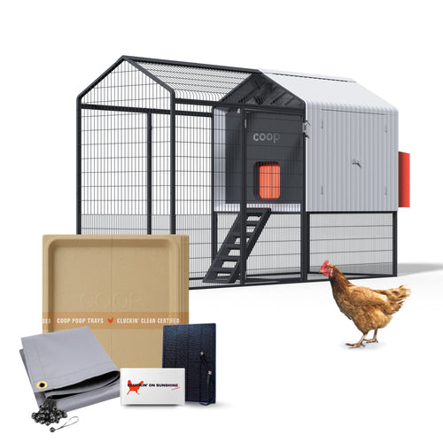 Automated chicken coop bundle with a gray and silver design, featuring a nesting area and free chick promotion from The Smar