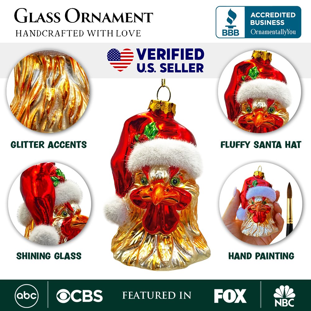 (Pre-Order) Rooster with Santa Hat Handblown Glass Christmas Ornament, Farm Chicken Holiday Decor