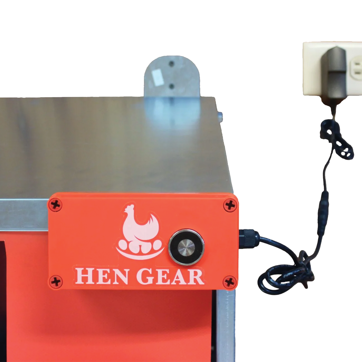 HenGear AutoRoost 2.0 automated nest box opener with power connection and control button in orange