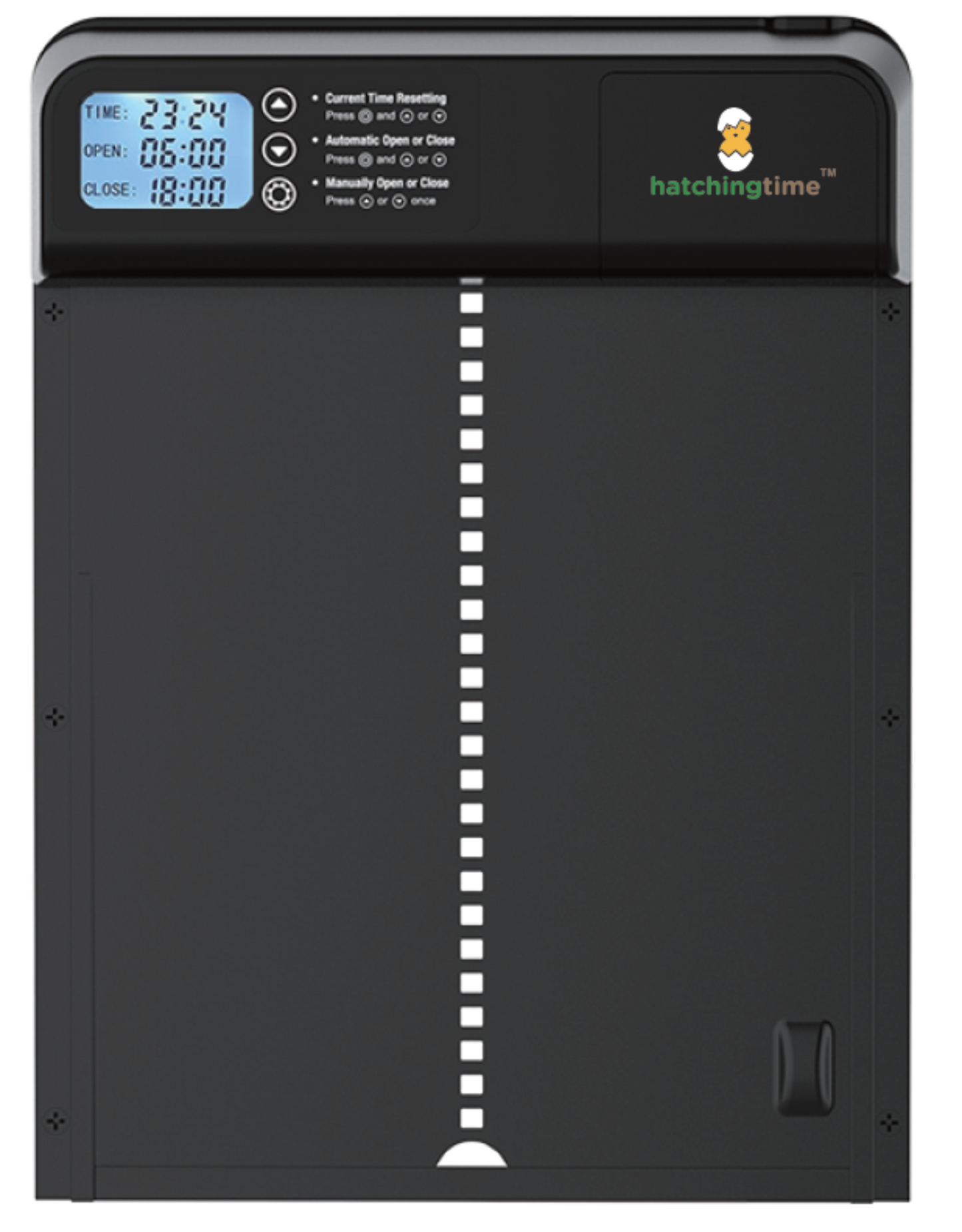 Weatherproof aluminum chicken coop door timer with anti-trap safety feature, by Hatching Time