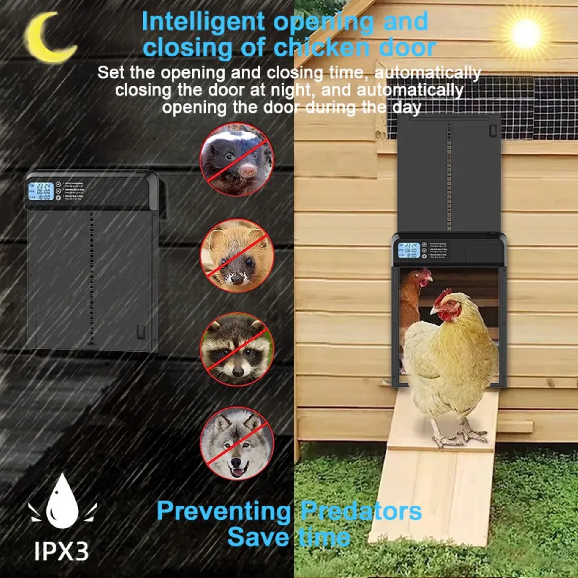 Weatherproof aluminum automatic chicken coop door timer by Hatching Time, featuring anti-trap safety design.