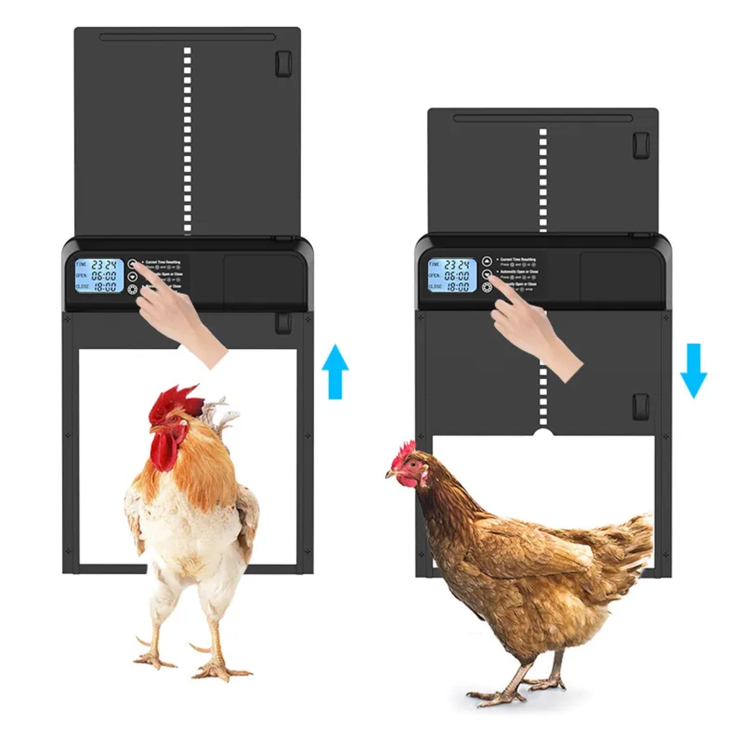 Weatherproof aluminum automatic chicken coop door timer by Hatching Time, featuring an anti-trap design and battery operatio