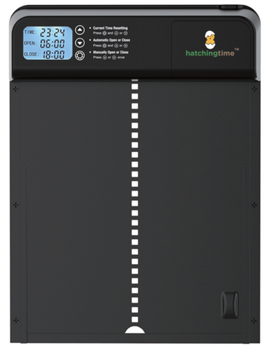 Weatherproof aluminum chicken coop door timer with anti-trap safety feature, by Hatching Time