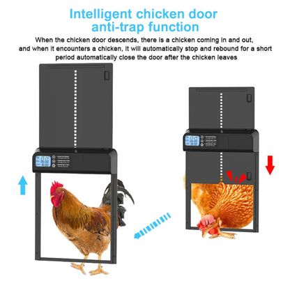 Weatherproof aluminum chicken coop door with automatic timer from Hatching Time, featuring anti-trap safety design.
