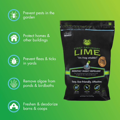 20 pound bag of First Saturday Lime natural insect repellent for chicken coops, eco-friendly and chemical-free