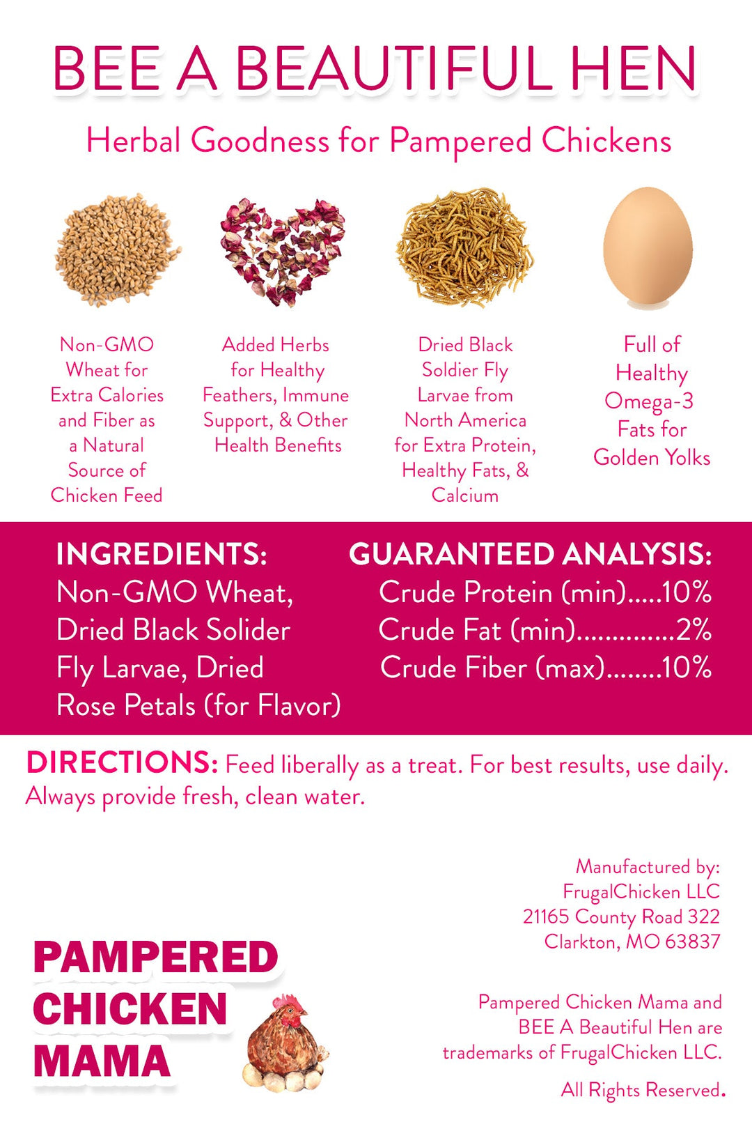 Herbal chicken treat with mealworms, wheat, and rose petals in a brown bag by Dahlia Pets, available in multiple sizes.