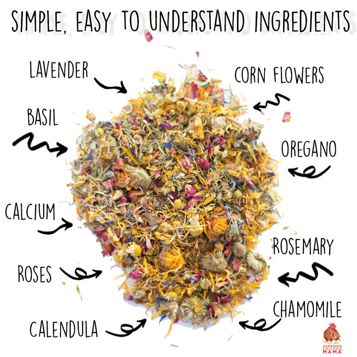 Dahlia Pets natural nesting herbs for chickens featuring chamomile, lavender, and rose in a 10-ounce package