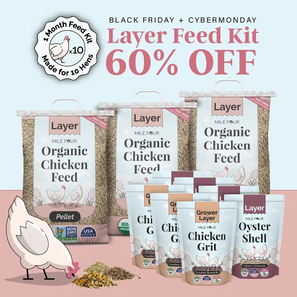 Organic Layer Feed Kit for 6 chickens, includes mash, pellets, whole grain, and grit, by Mile Four