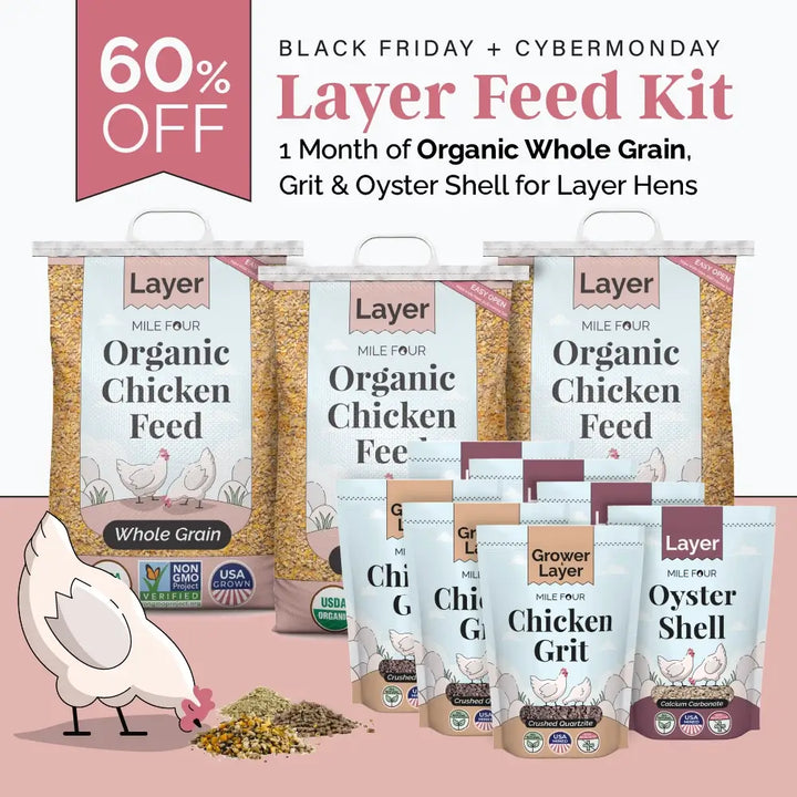 Organic Layer Feed Kit for 6 chickens, includes mash, pellets, and whole grain with calcium supplement, by Mile Four.