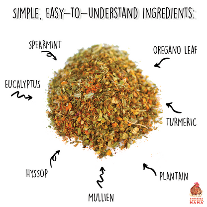 BreatheRight natural herb blend for chicken coops in 5, 10, and 20 oz sizes, promoting respiratory support for backyard chic