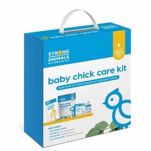 Baby Chick Care Kit from Hatching Time with feed, waterer, and bedding for chick health and nutrition.