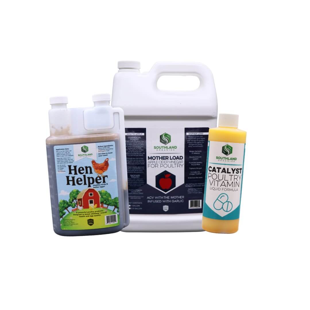 Southland Organics Backyard Poultry Bundle with chicken supplements and apple cider vinegar in eco-friendly packaging
