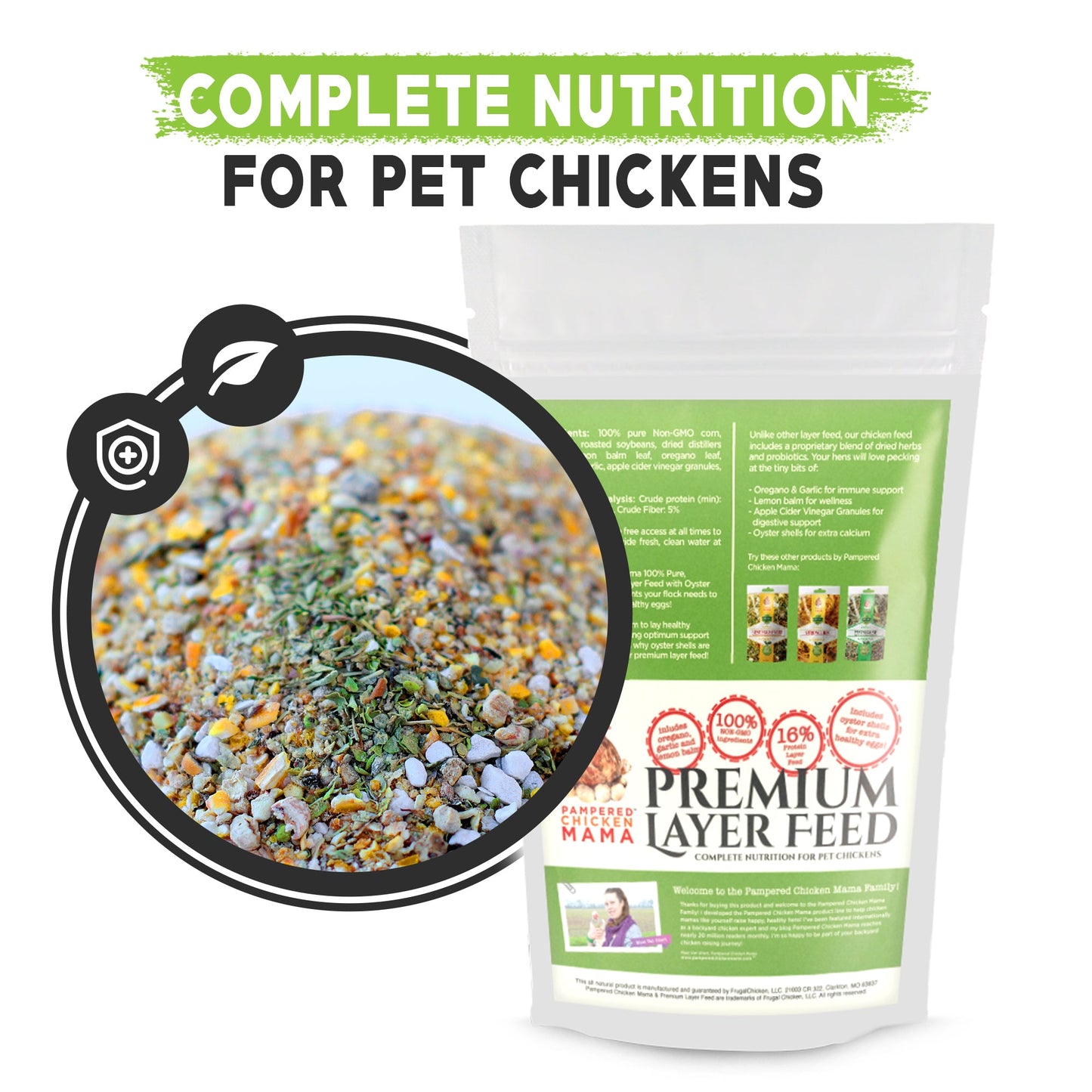 Premium 16% protein non-GMO layer feed for pet chickens with oregano, garlic, and oyster shells by Dahlia Pets