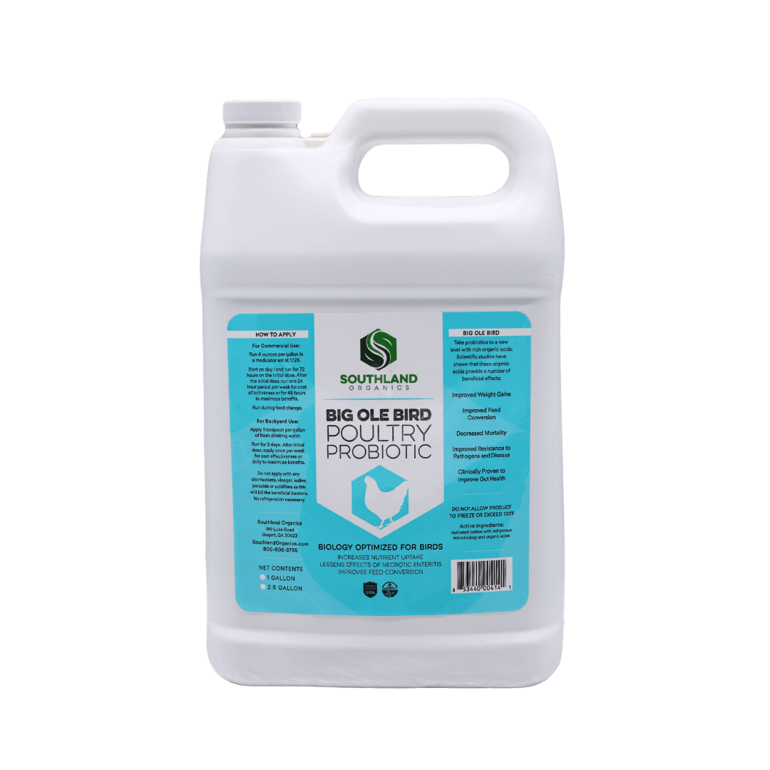 Probiotics for poultry in a 2.5-gallon container by Southland Organics, featuring bioactive carbon and digestive health bene