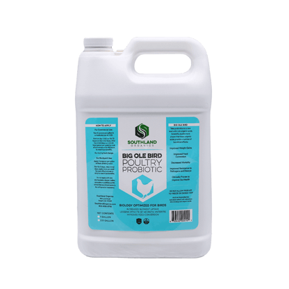 Probiotics for poultry in a 2.5-gallon container by Southland Organics, featuring bioactive carbon and digestive health bene