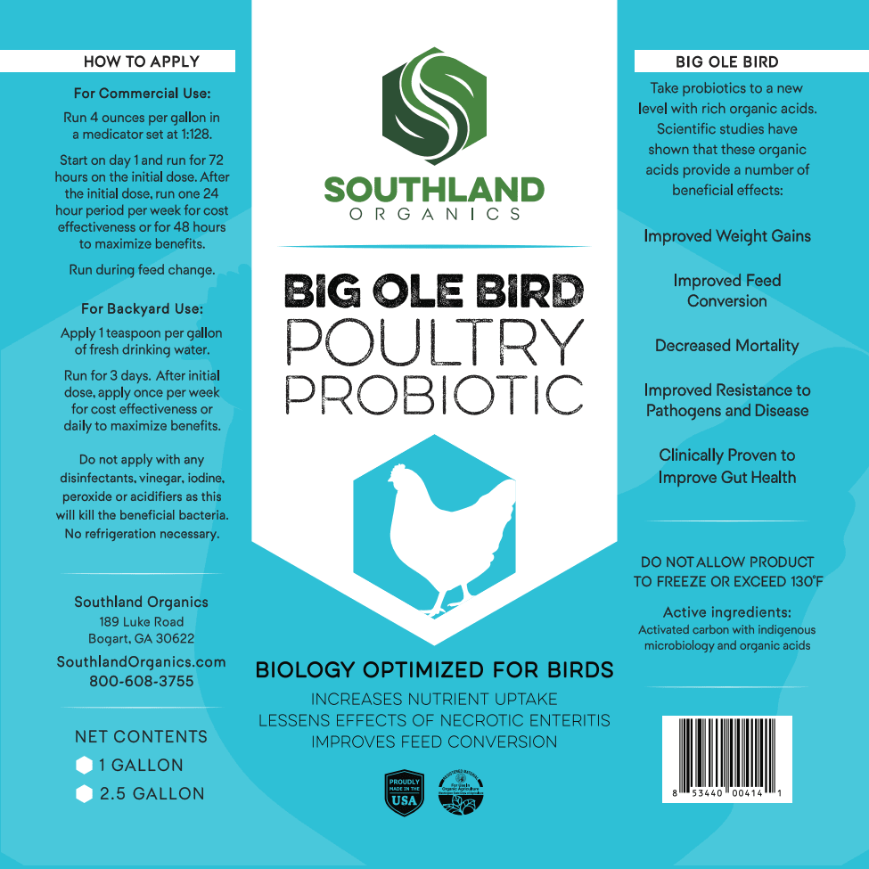 2.5 Gallon container of Southland Organics Big Ole Bird probiotics for poultry, promoting digestive health and flock wellnes