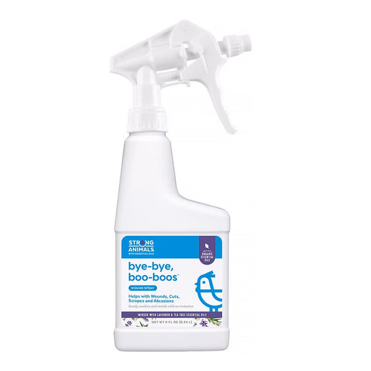 8 oz bottle of Bye-Bye, Boo-Boos chicken wound spray by Hatching Time, featuring an antiseptic formula for injury care.