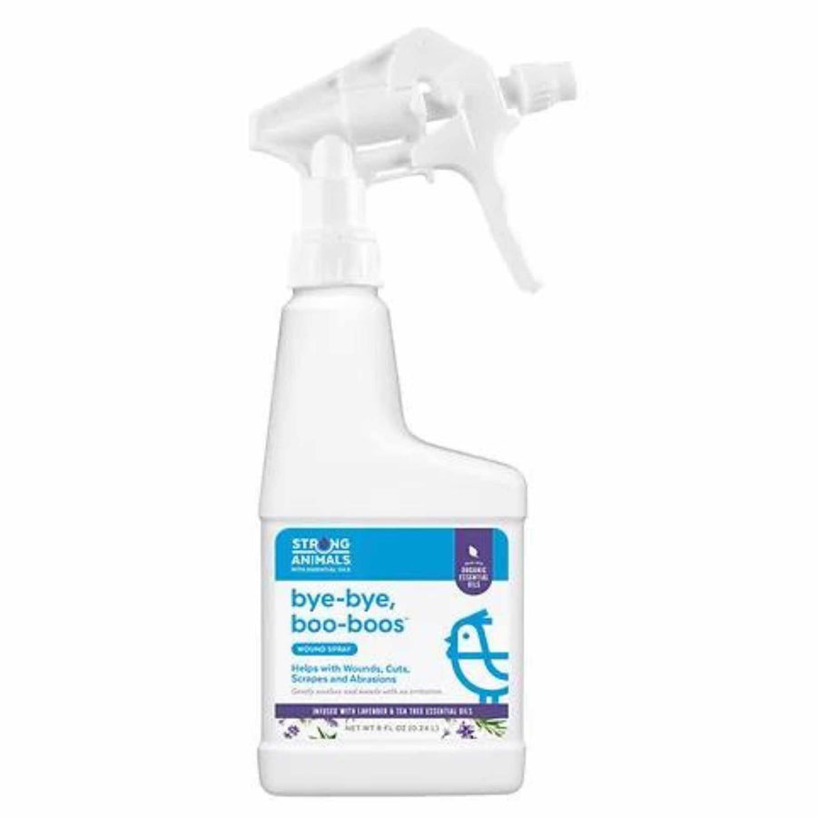 8 oz spray bottle of Bye-Bye, Boo-Boos chicken wound spray by Hatching Time for treating injuries in backyard chickens