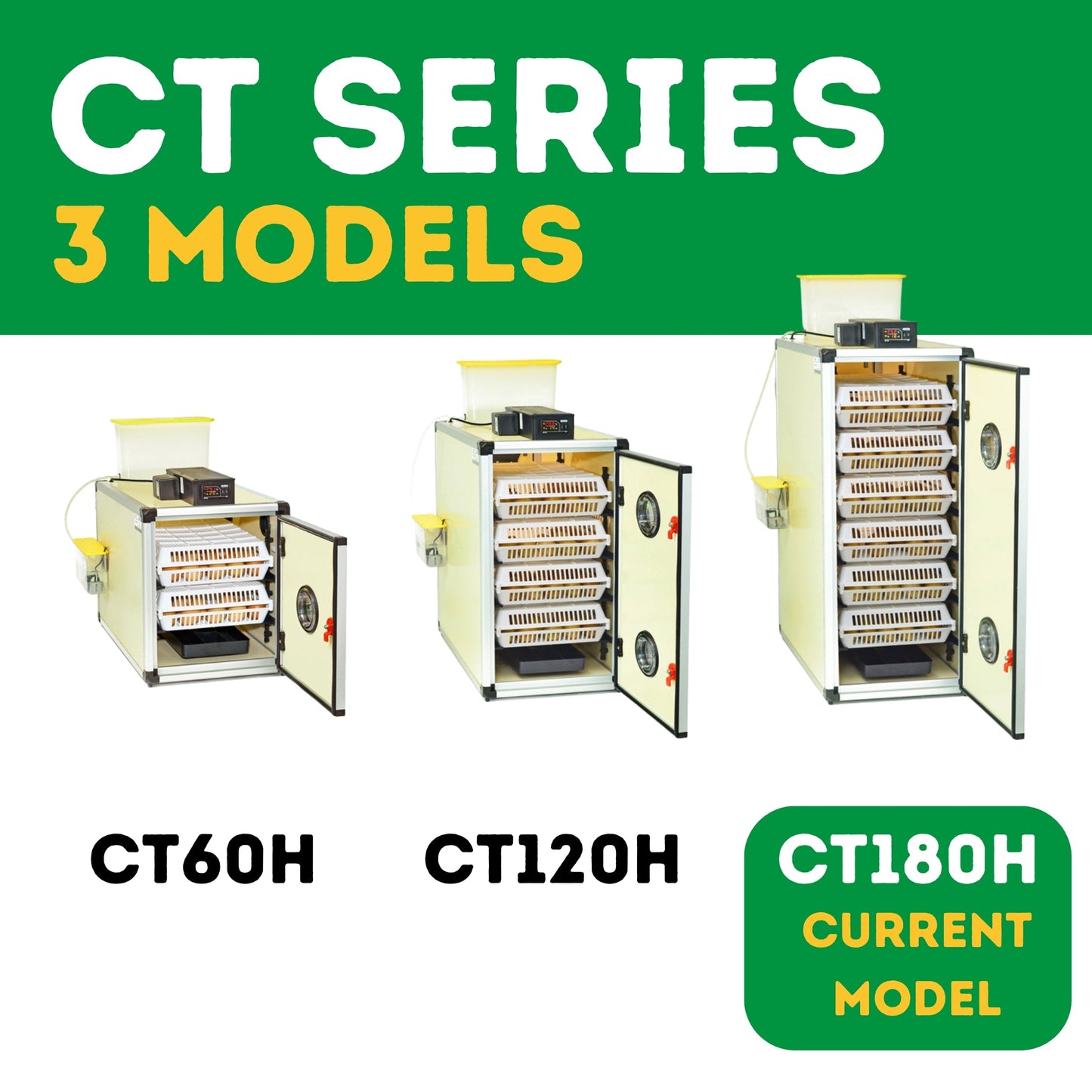 CT180H egg hatcher with automatic humidity control, 180-egg capacity, air route ventilation, and APC cooling system