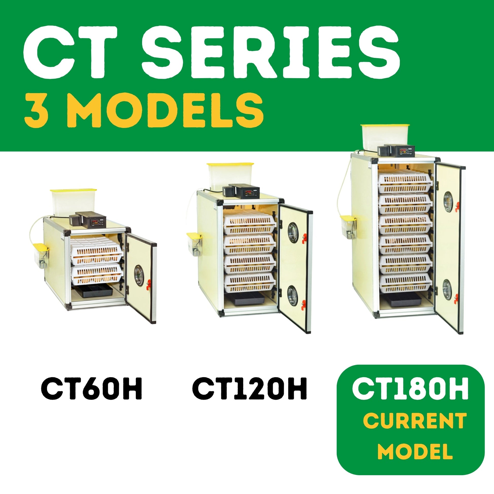 CT180H egg hatcher with automatic humidity control, 180-egg capacity, air route ventilation, and APC cooling system