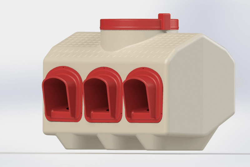 OverEZ Chicken Coop automatic feeder in gray, 50-pound capacity, BPA-free design for backyard chickens.