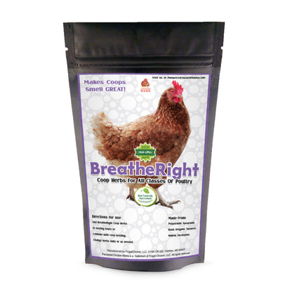 Herbal blend for chicken coops in a clear bag, featuring Dahlia Pets BreatheRight brand, promoting respiratory support.